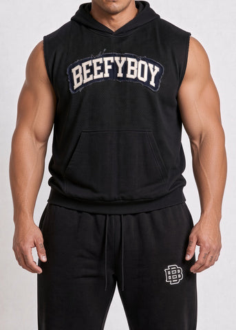 Distressed Varsity Mesh Sleeveless Hoodie