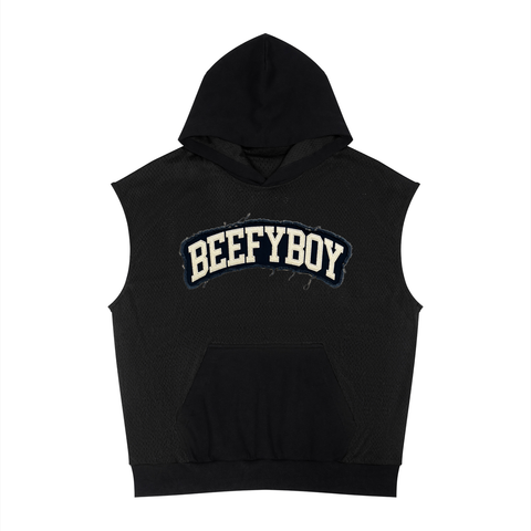 Distressed Varsity Mesh Sleeveless Hoodie