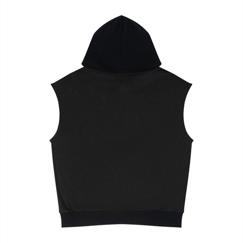 Distressed Varsity Mesh Sleeveless Hoodie
