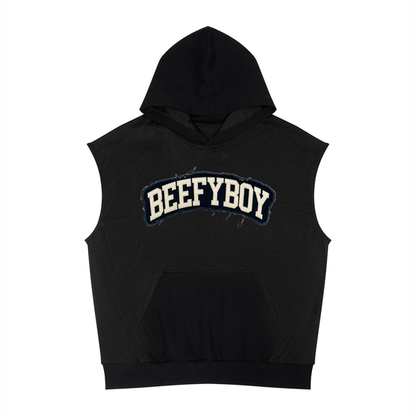 Distressed Varsity Mesh Sleeveless Hoodie