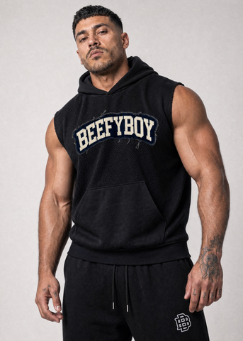 Distressed Varsity Mesh Sleeveless Hoodie
