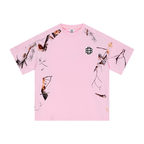 240GSM Men’s Heat-Transfer Branch Print Structured Panel T-shirt Light Pink
