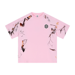 240GSM Men’s Heat-Transfer Branch Print Structured Panel T-shirt Light Pink